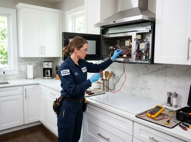Appliance Repair Hero technician testing an over-the-range microwave in a Berlin, WI kitchen